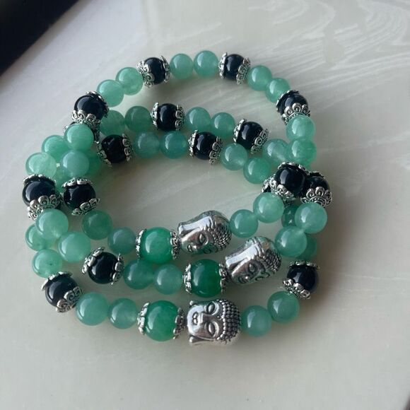 Green aventurine jade obsidian Buddha ONE stretch beaded bracelet NEW reiki medi - Picture 4 of 10
